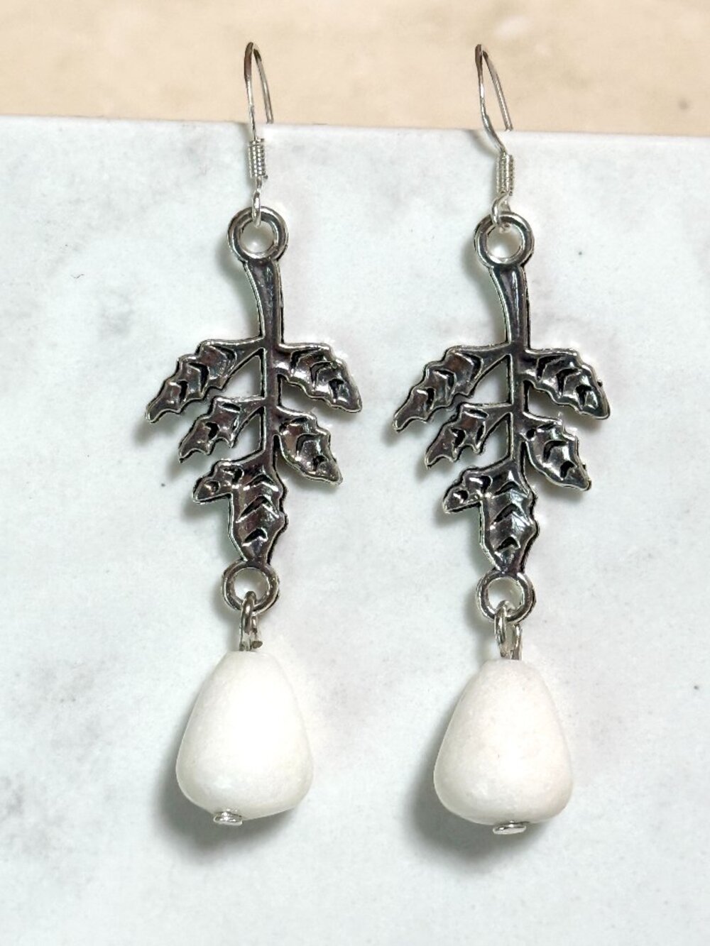 2/$20, Milky Quartz Leaf Branch Earrings, Gemstone & Sterling Silver Hooks